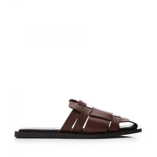 Sh Akari Brown Leather Women Moda In Pelle Flat Sandals