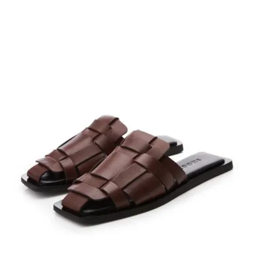 Sh Akari Brown Leather Women Moda In Pelle Flat Sandals Sh Akari Brown Leather Women Moda In Pelle Flat Sandals