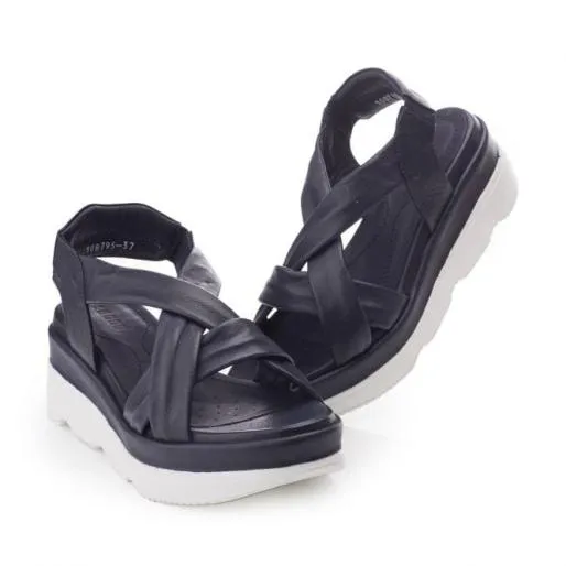 Sh Ilex Navy Leather Women Moda In Pelle Wedge Sandals Sh Ilex Navy Leather Women Moda In Pelle Wedge Sandals
