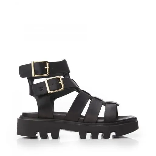 Sh India Black Leather Women Moda In Pelle Wedge Sandals
