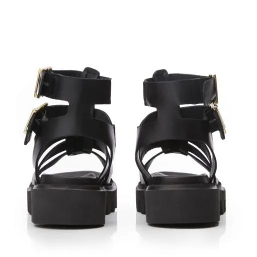 Sh India Black Leather Women Moda In Pelle Wedge Sandals Sh India Black Leather Women Moda In Pelle Wedge Sandals