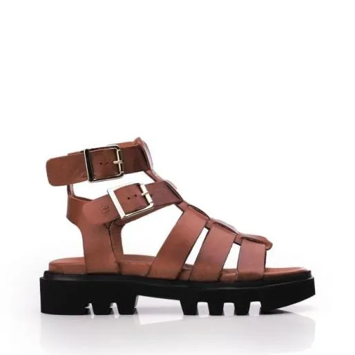 Sh India Tan Leather Women Moda In Pelle Wedge Sandals