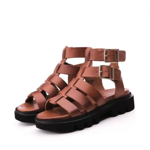 Sh India Tan Leather Women Moda In Pelle Wedge Sandals