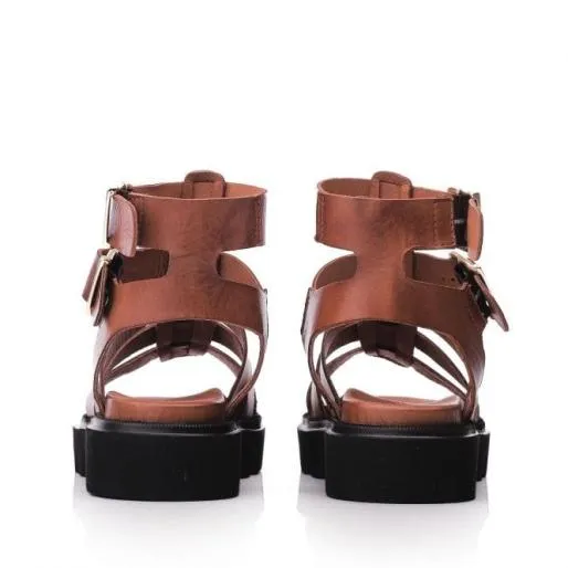 Sh India Tan Leather Women Moda In Pelle Wedge Sandals