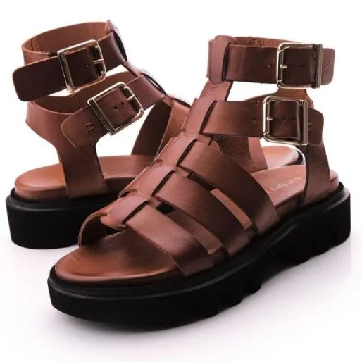 Sh India Tan Leather Women Moda In Pelle Wedge Sandals
