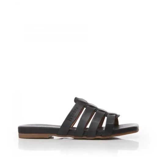 Sh Ivory Black Leather Women Moda In Pelle Flat Sandals