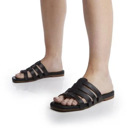 Sh Ivory Black Leather Women Moda In Pelle Flat Sandals Sh Ivory Black Leather Women Moda In Pelle Flat Sandals