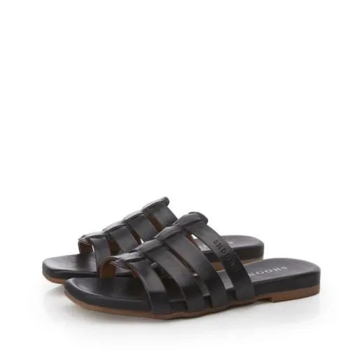 Sh Ivory Black Leather Women Moda In Pelle Flat Sandals Sh Ivory Black Leather Women Moda In Pelle Flat Sandals