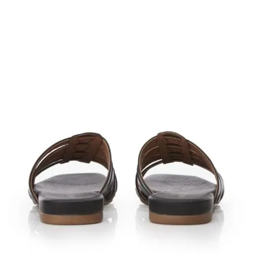 Sh Ivory Black Leather Women Moda In Pelle Flat Sandals Sh Ivory Black Leather Women Moda In Pelle Flat Sandals