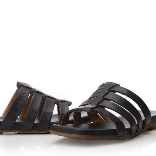Sh Ivory Black Leather Women Moda In Pelle Flat Sandals Sh Ivory Black Leather Women Moda In Pelle Flat Sandals