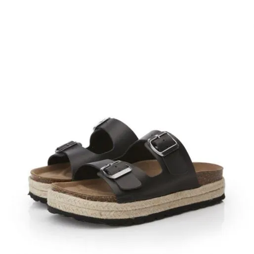 Sh Palma 2 Black Leather Women Moda In Pelle Flat Sandals Sh Palma 2 Black Leather Women Moda In Pelle Flat Sandals