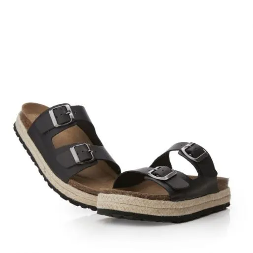 Sh Palma 2 Black Leather Women Moda In Pelle Flat Sandals Sh Palma 2 Black Leather Women Moda In Pelle Flat Sandals