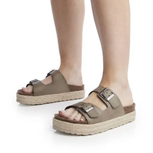 Sh Palma 2 Khaki Leather Women Moda In Pelle Flat Sandals