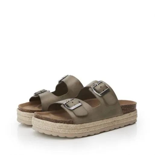 Sh Palma 2 Khaki Leather Women Moda In Pelle Flat Sandals