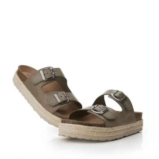 Sh Palma 2 Khaki Leather Women Moda In Pelle Flat Sandals