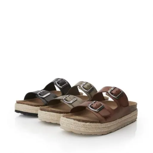 Sh Palma 2 Khaki Leather Women Moda In Pelle Flat Sandals