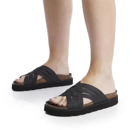 Sh Piazza Black Leather Women Moda In Pelle Slider Sandals