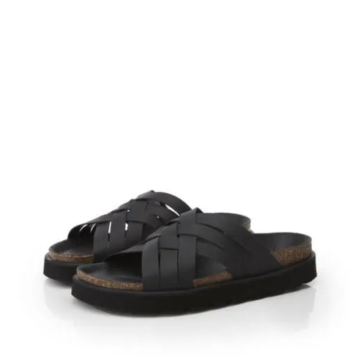 Sh Piazza Black Leather Women Moda In Pelle Slider Sandals