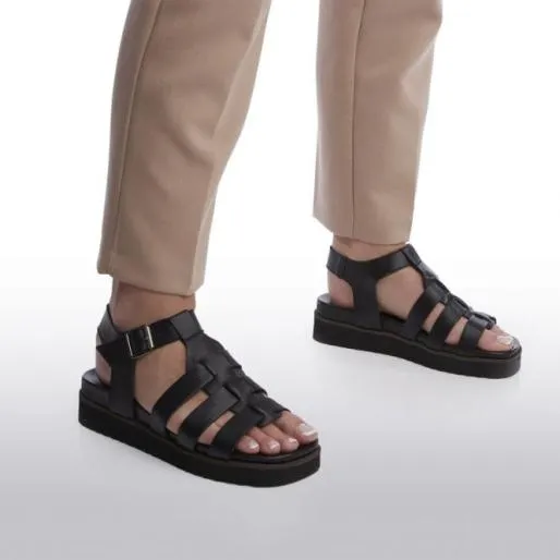 Shipahoy Black Leather Women Moda In Pelle Flat Sandals