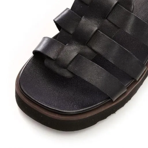 Shipahoy Black Leather Women Moda In Pelle Flat Sandals