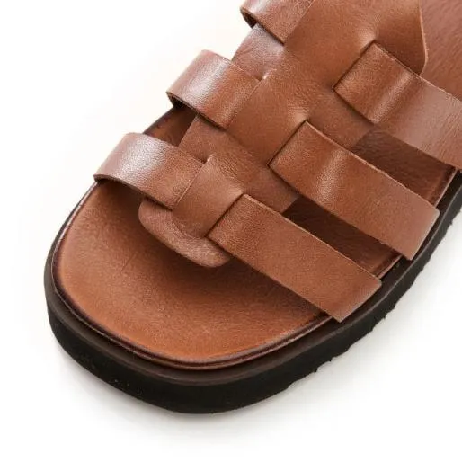 Shipahoy Tan Leather Women Moda In Pelle Flat Sandals Shipahoy Tan Leather Women Moda In Pelle Flat Sandals