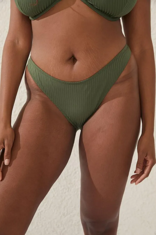 Women Bikinis Cotton On High Side Brazilian Seam Bikini Bottom Khaki Wide Rib