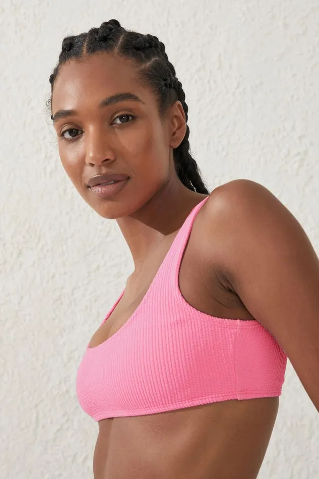 Women Bikinis Cotton On Thick Strap Scoop Crop Bikini Top Malibu Pink Crinkle