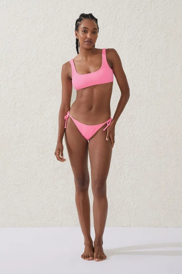Women Bikinis Cotton On Thick Strap Scoop Crop Bikini Top Malibu Pink Crinkle