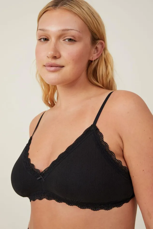 Women Bras Cotton On Organic Cotton Lace Triangle Padded Bralette Black Pointelle