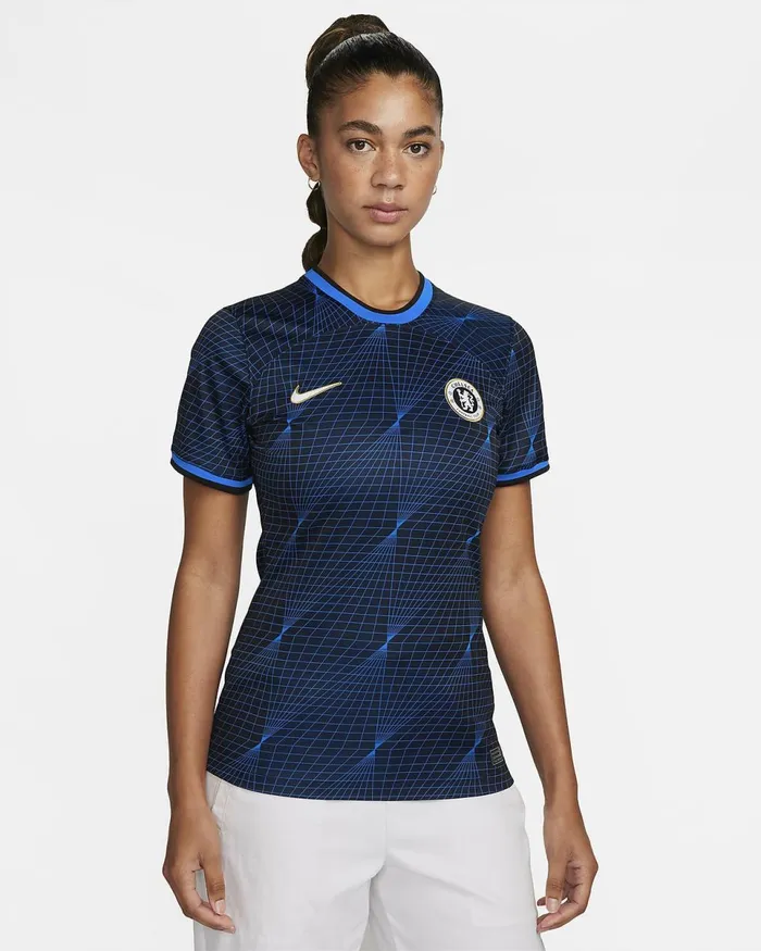 Women Chelsea FC 202324 Stadium Away Soarclub Goldwhite Nike Tops And TShirts