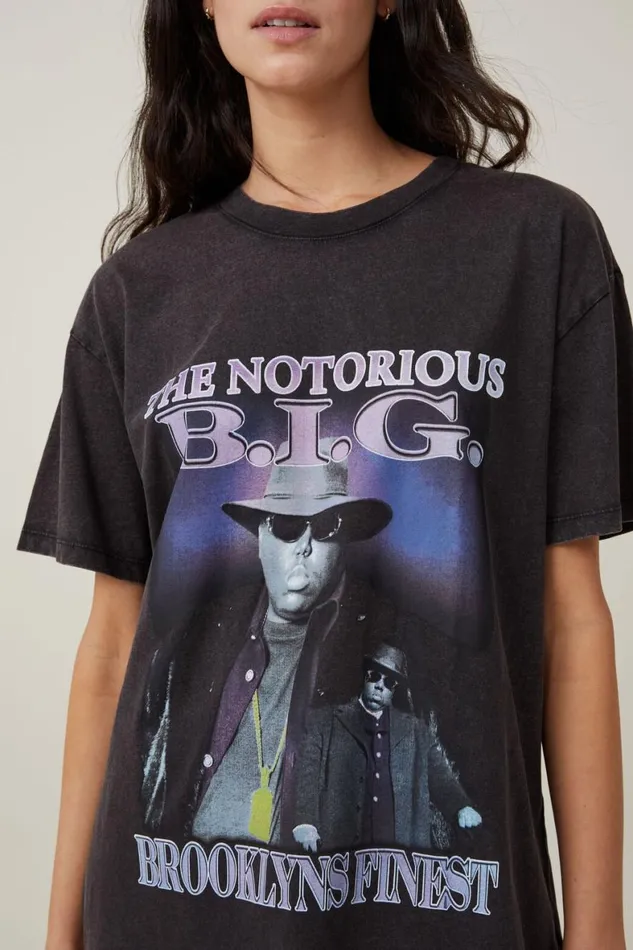 Women Graphic TShirts Cotton On The Oversized Hip Hop Tee Lcn Mt Biggie Brooklyns Fines Washed Black