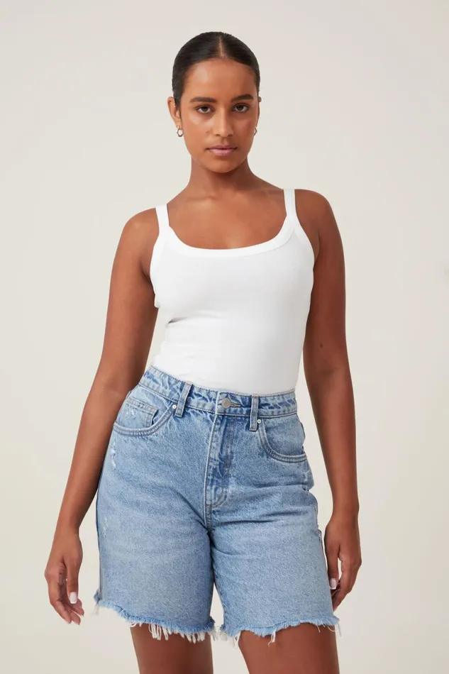 Women Jeans Cotton On Curvy Relaxed Denim Short Bells Blue Worn