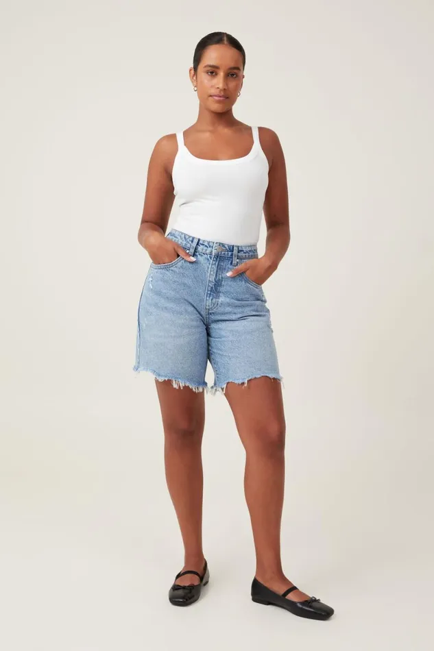Women Jeans Cotton On Curvy Relaxed Denim Short Bells Blue Worn