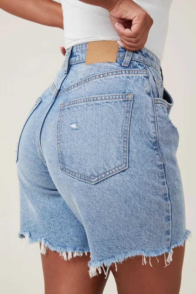 Women Jeans Cotton On Curvy Relaxed Denim Short Bells Blue Worn