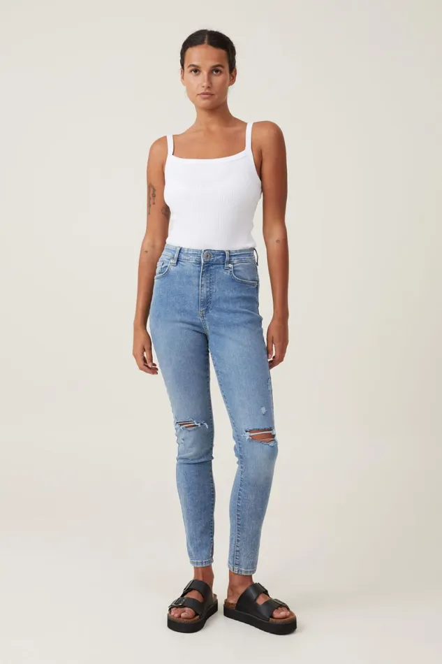 Women Jeans Cotton On High Rise Skinny Jean Bells Blue Rip