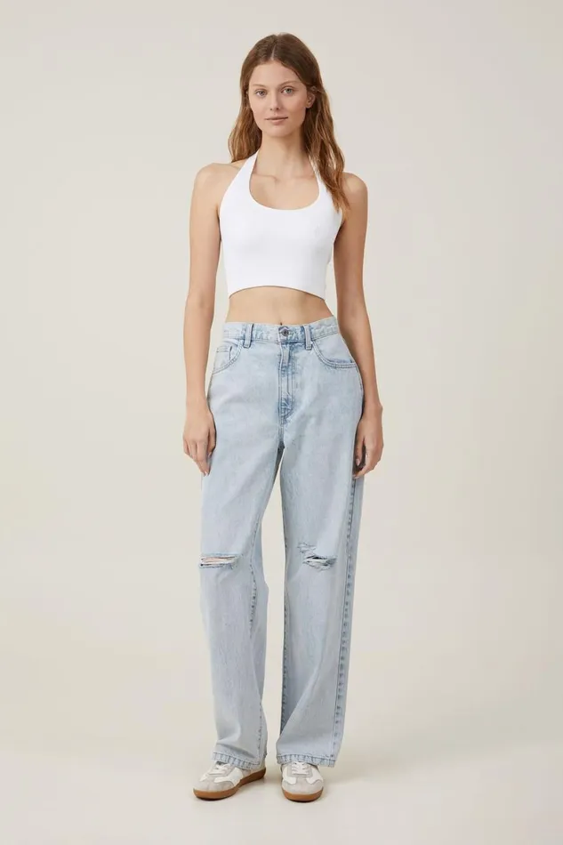 Women Jeans Cotton On Loose Straight Jean Palm Blue Rip