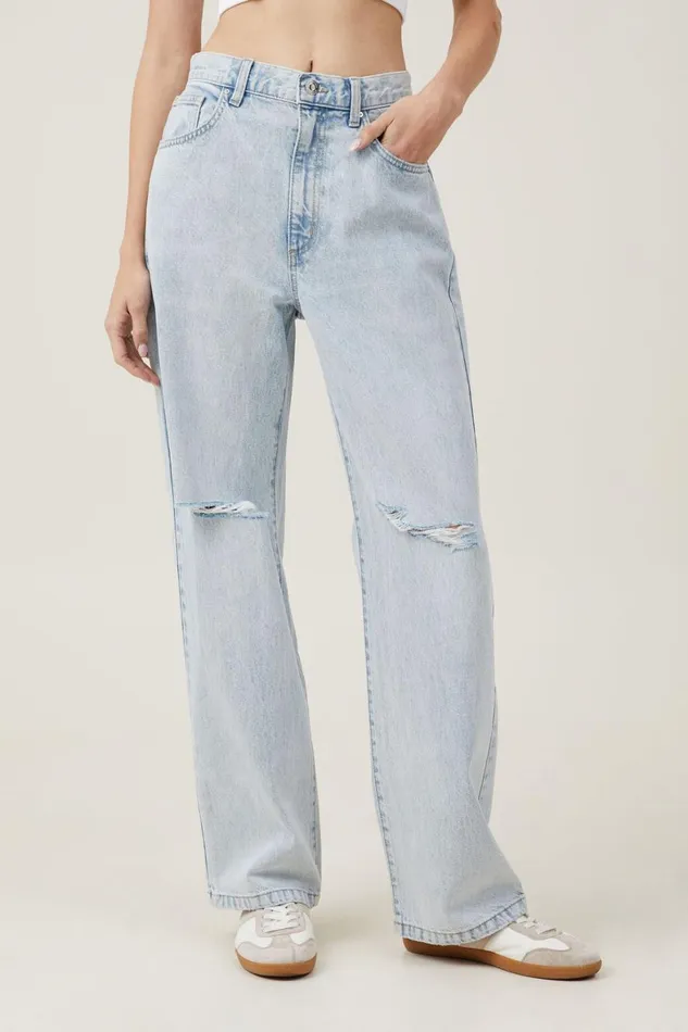 Women Jeans Cotton On Loose Straight Jean Palm Blue Rip