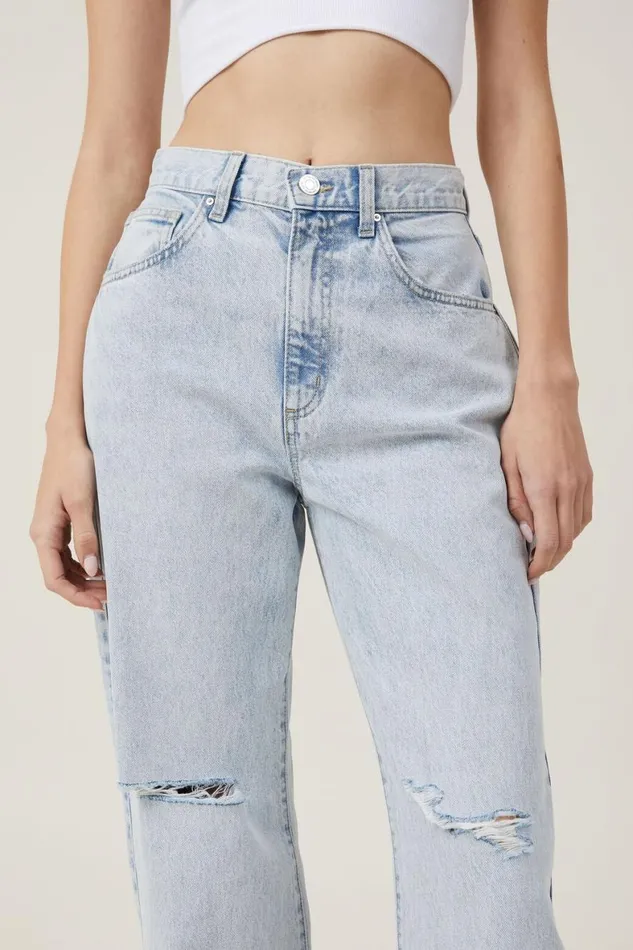 Women Jeans Cotton On Loose Straight Jean Palm Blue Rip