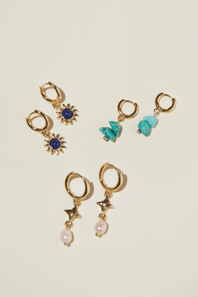 Women Jewelry Cotton On 3Pk Mid Earring Gold Plated Sodalite Turquoise Sun