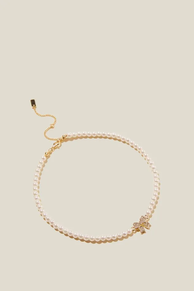 Women Jewelry Cotton On Beaded Choker Necklace Gold Plated Pearl Diamante Bow Women Jewelry Cotton On Beaded Choker Necklace Gold Plated Pearl Diamante Bow
