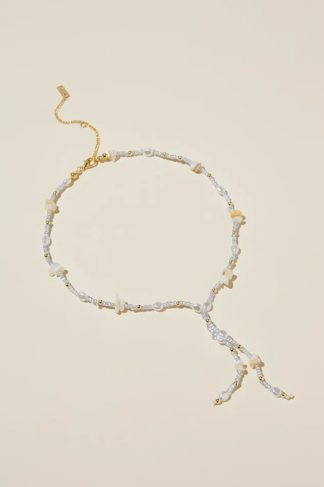 Women Jewelry Cotton On Beaded Necklace Gold Plated Beaded Lariat Light Blue
