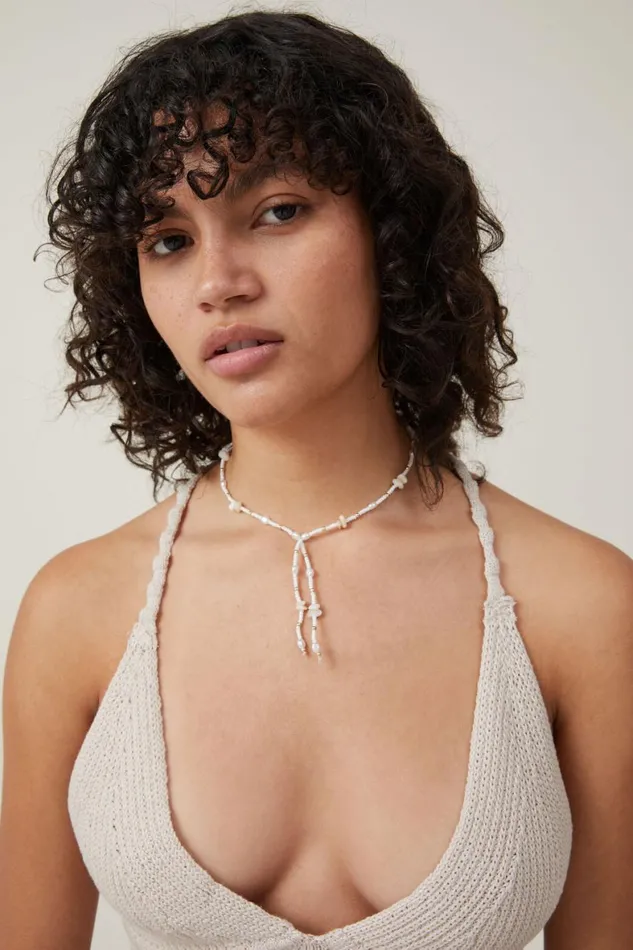 Women Jewelry Cotton On Beaded Necklace Gold Plated Beaded Lariat White
