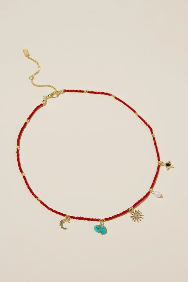Women Jewelry Cotton On Beaded Necklace Gold Plated Red Bead Semi Precious Celestial Women Jewelry Cotton On Beaded Necklace Gold Plated Red Bead Semi Precious Celestial