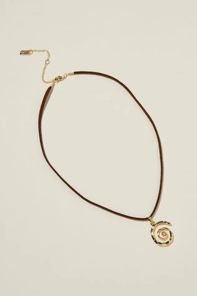 Women Jewelry Cotton On Cord Pendant Necklace Gold Plated Hammered Swirl Brown Cord Women Jewelry Cotton On Cord Pendant Necklace Gold Plated Hammered Swirl Brown Cord