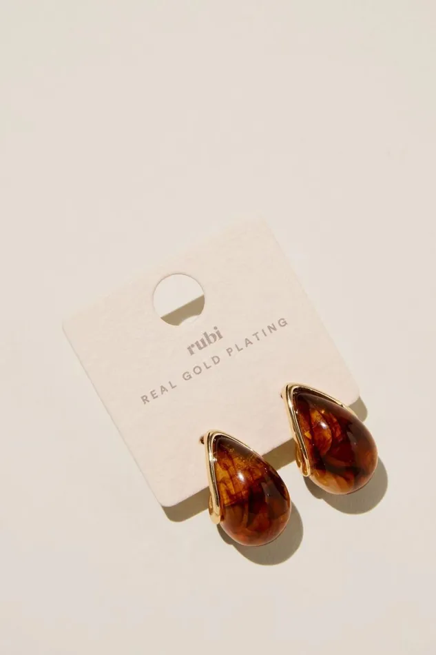Women Jewelry Cotton On Mid Charm Earring Gold Plated Amber Tear Drop Stud