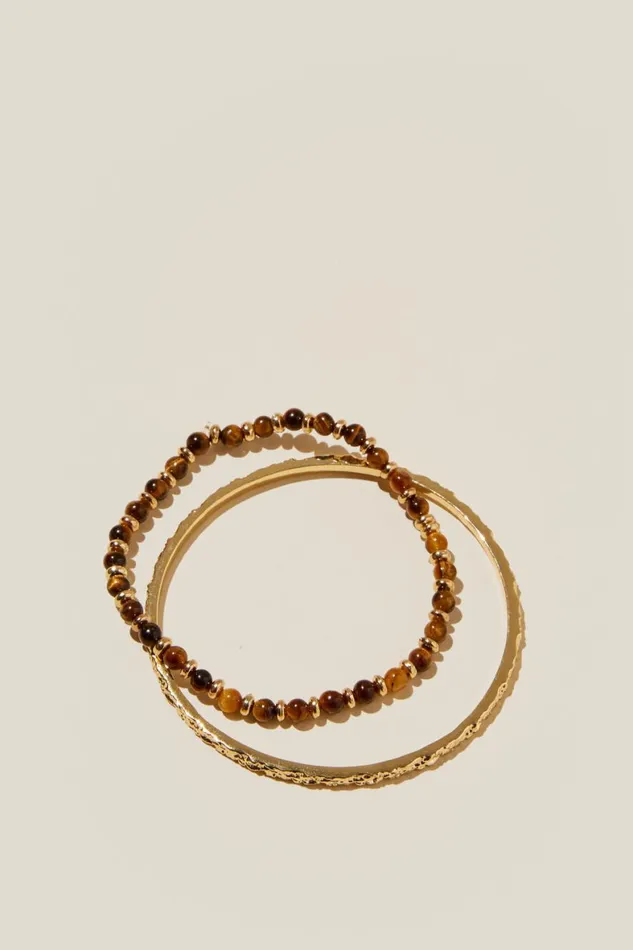 Women Jewelry Cotton On Multipack Bracelet Gold Plated Tigers Eye and Hammered Bangle Women Jewelry Cotton On Multipack Bracelet Gold Plated Tigers Eye and Hammered Bangle