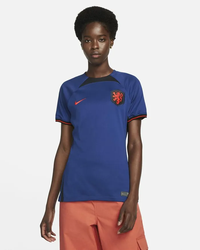 Women Netherlands 202223 Stadium Away Deep Royal Blueblackhabanero Red Nike Tops And TShirts