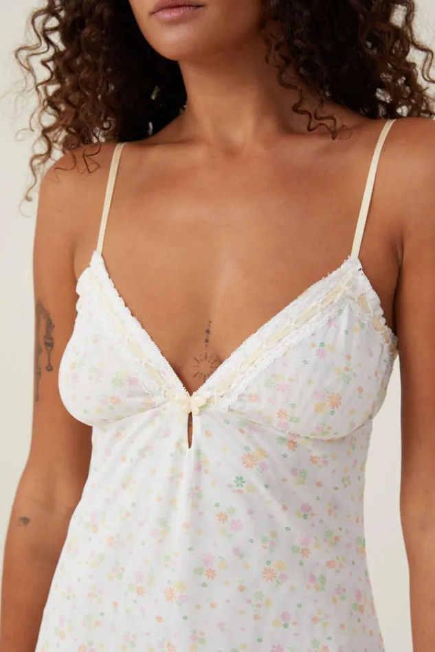 Women Nighties Cotton On Mesh Frill Hem Slip Follie Floral Cream