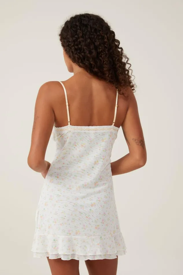 Women Nighties Cotton On Mesh Frill Hem Slip Follie Floral Cream
