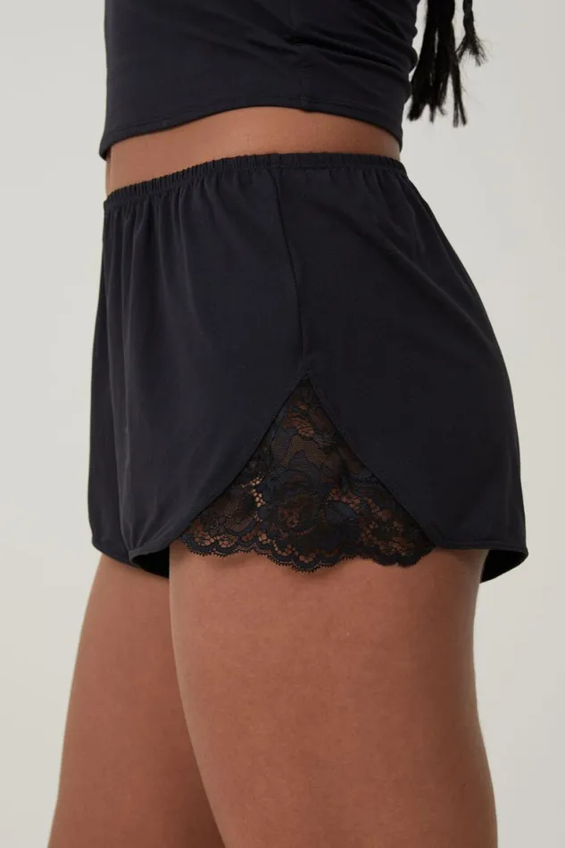 Women Pajamas Cotton On Soft Lounge Lace Trim Short Black
